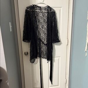 Dreamgirl Sheer Black Lace Robe with Waist Sash